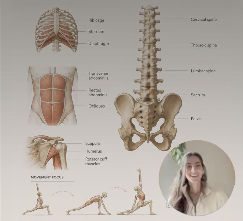 Anatomical illustrations of the ribcage, spine and pelvis with movement studies